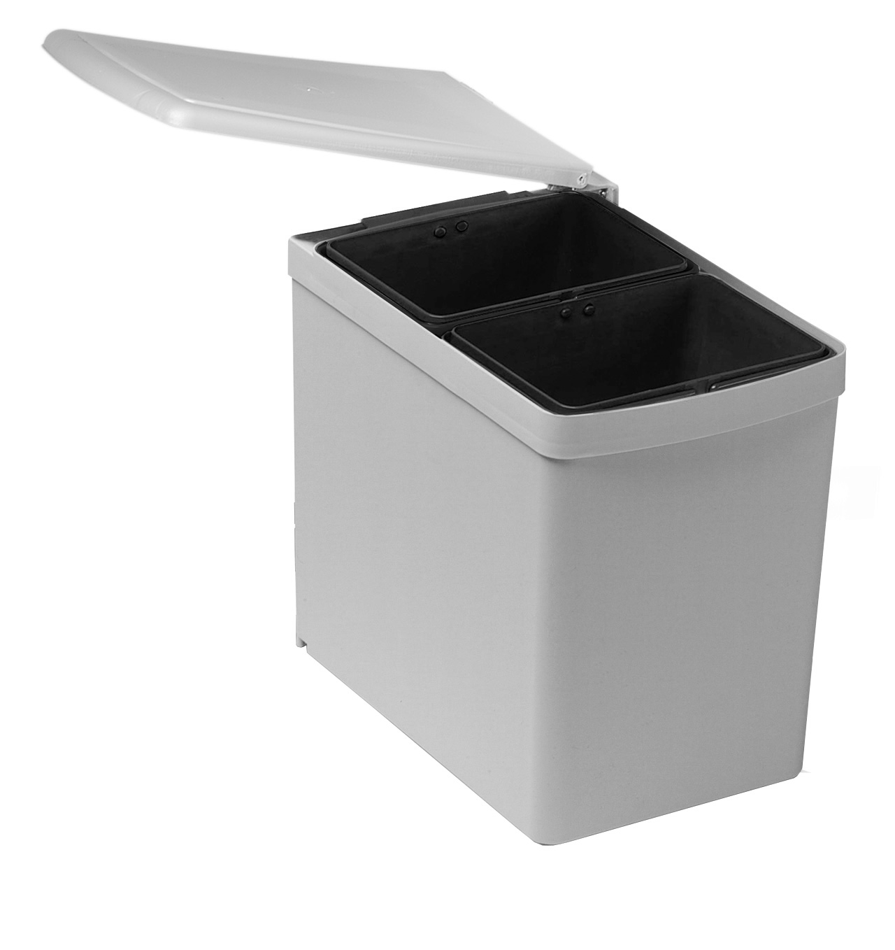 Avfallshink i grå plast med två sorteringsutrymmen. Här ser du hinken med öppet lock.