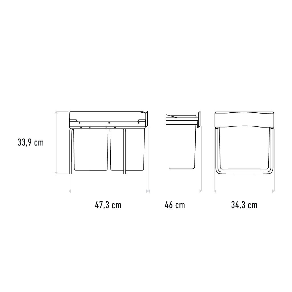 Copenhagen 3-31 X • Avfallssystem i stål och plast på 1 x 16 liter + 2 x 7,5 liter med full utdragning