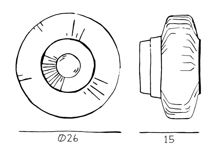 Produktritning av New Wave Optic Wall. Lampan har en diameter på 26 cm och ett djup på 15 cm.