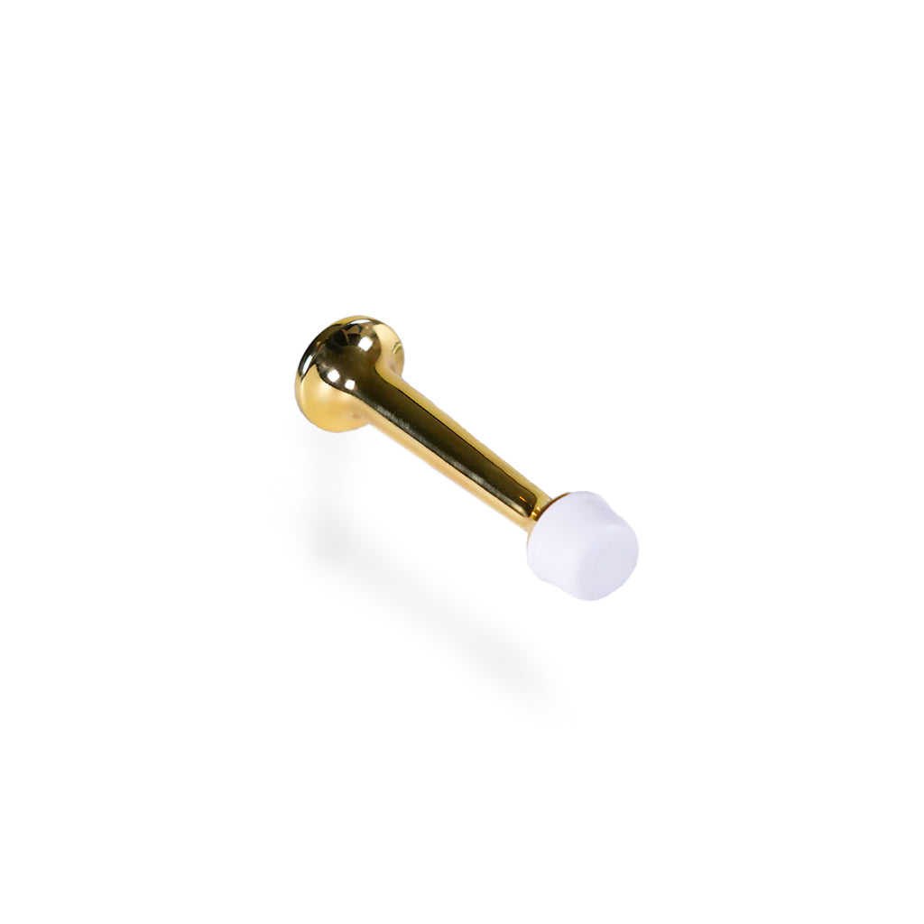 Dörrstopp i massiv mässing med lack och huva i vit plast. 78 mm.