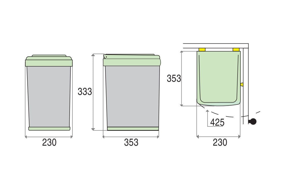 Här är produktritningen av avfallssystemet som mäter 230 mm i bredd, 353 mm på djupet och 333 mm på höjden.