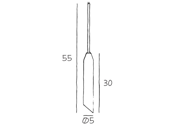 Produktritning av pendellampa. Höjd utan kabel 55 cm, marmor höjd 30 cm, diameter 5 cm.