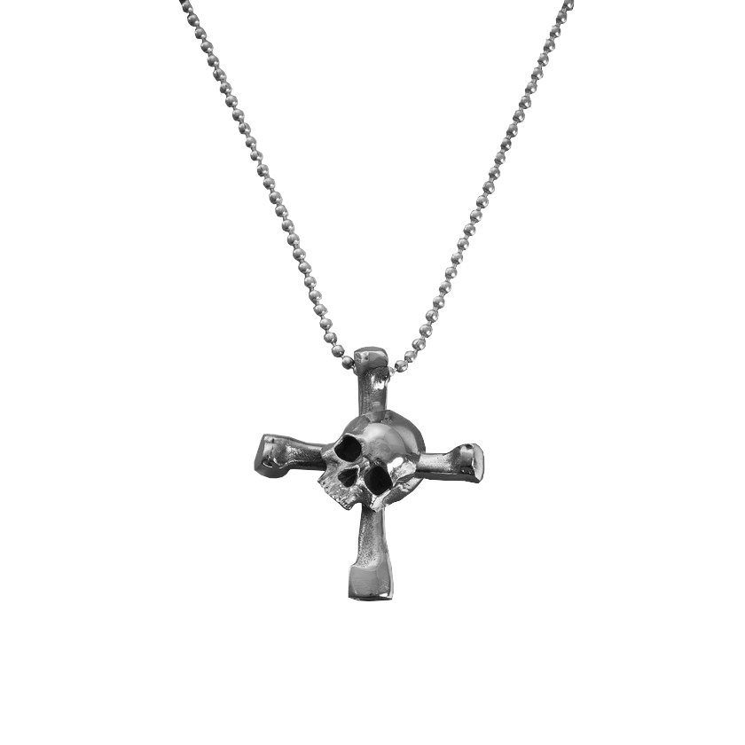 Halsband med hänge i form av en dödskalle som samtidigt är en trumnyckel, i stål.