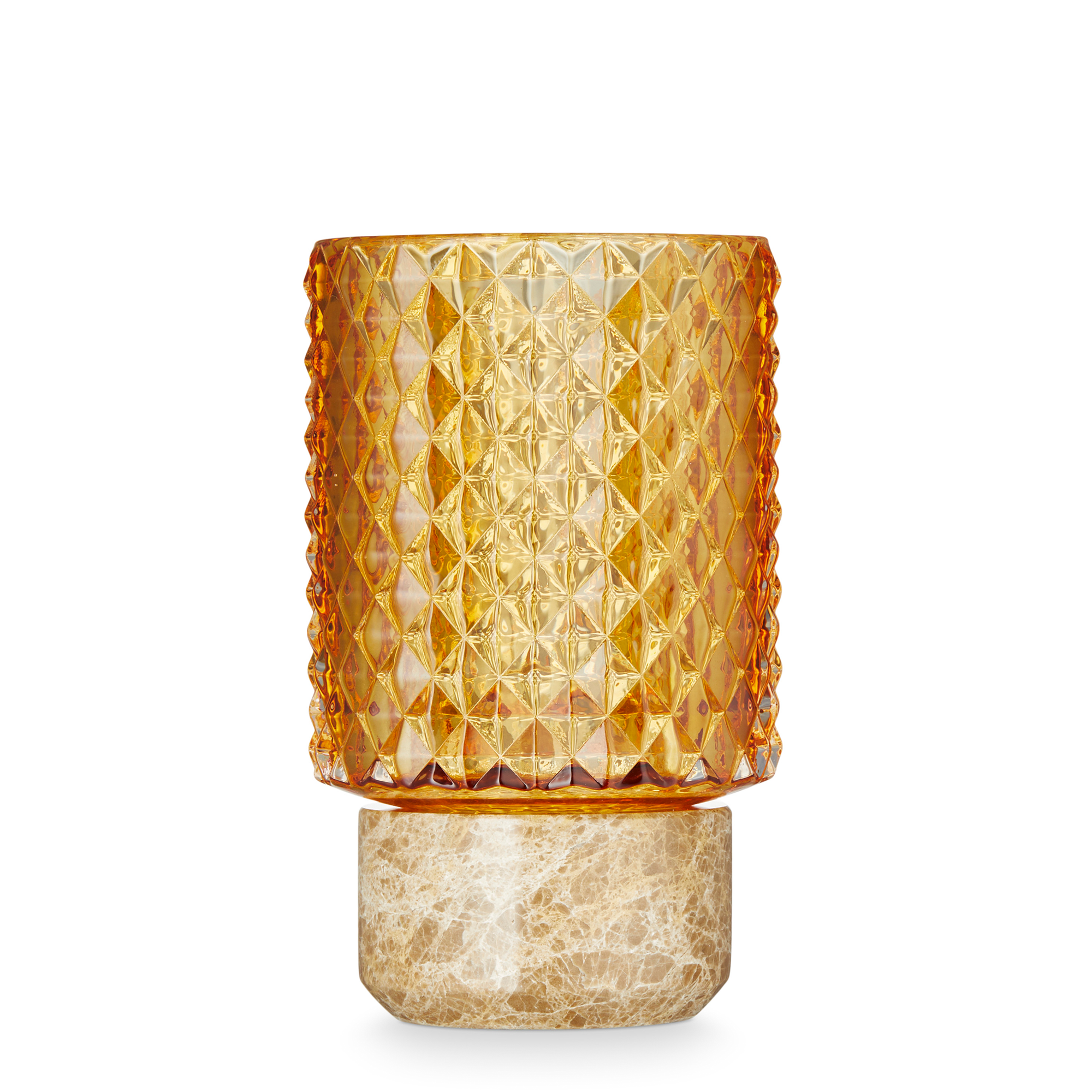 Värmeljusstake med ljusbrun marmorfot och orange mönstrat glas.