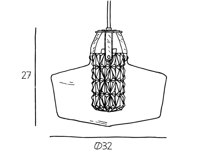 Produktritning av lampa som är 27 cm hög och har en diameter på 32 cm.