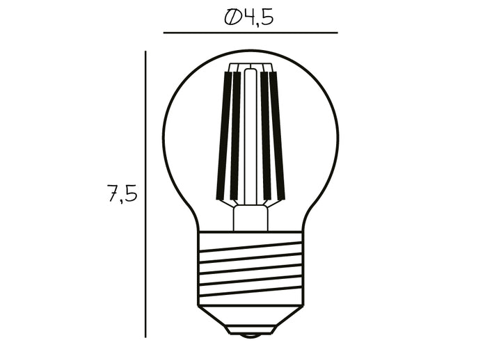 Produktritning av glödlampa med en höjd på 7,5 cm och en diameter på 4,5 cm.