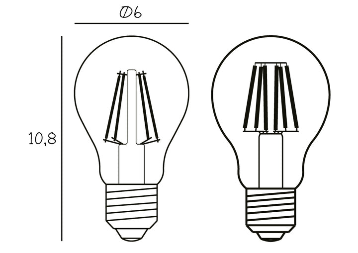 Produktritning av glödlampa med höjd 10,8 cm och diameter 6 cm.