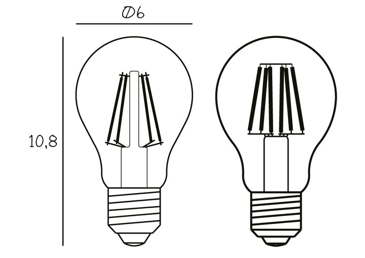 Produktritning av en glödlampa med en höjd på 10,8 cm och en diameter på 6 cm.