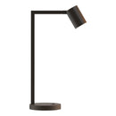 Bronsfärgad bordslampa med justerbart huvud. Lampan har en enkel design med kantiga linjer/vinklar.