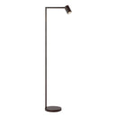 Golvlampa i bronsfärgat stål med justerbart huvud. Lampan har en enkel design med kantiga vinklar och en rund fot.