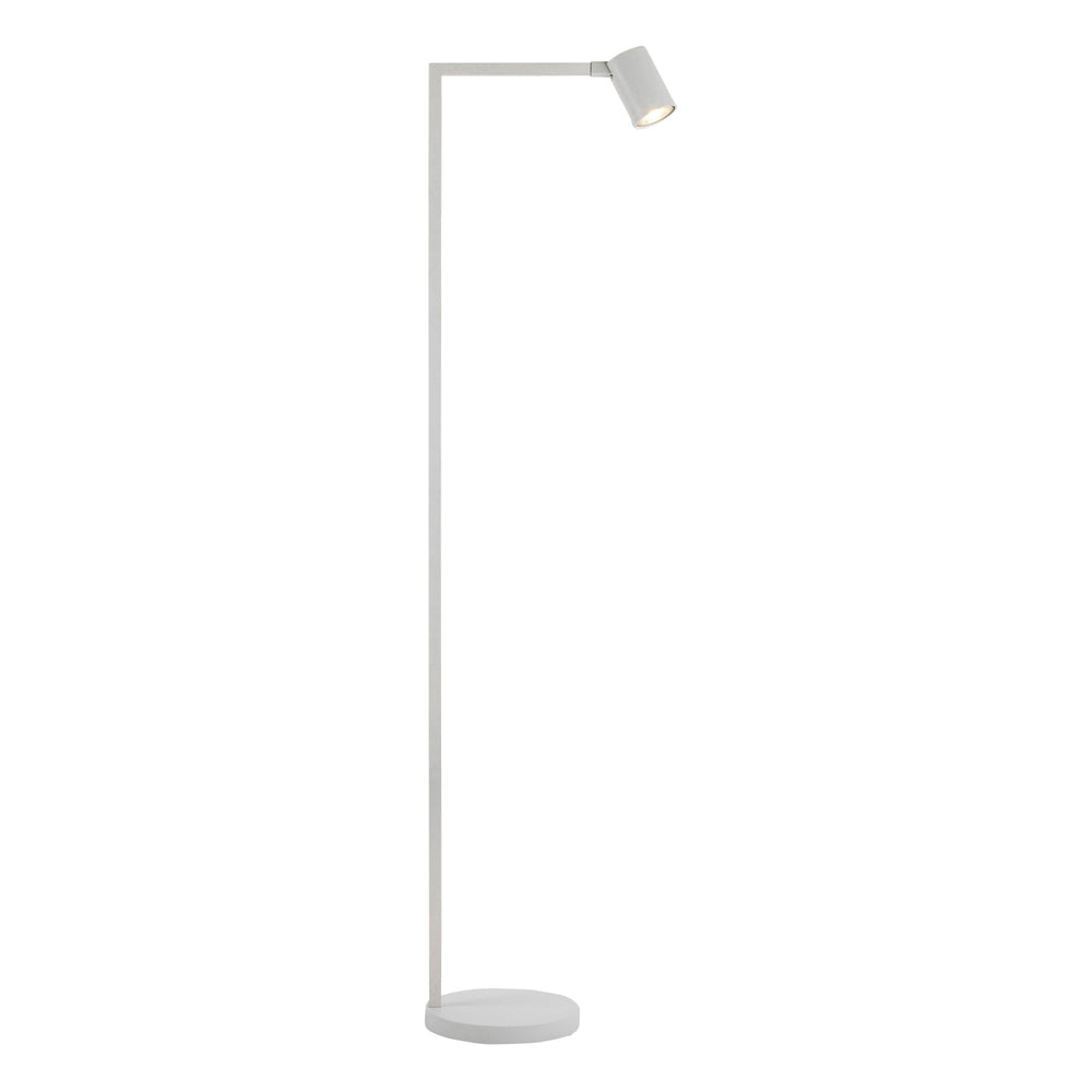 Vit golvlampa med justerbart huvud. Lampan har en enkel design med kantiga linjer/vinklar.