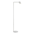 Vit golvlampa med justerbart huvud. Lampan har en enkel design med kantiga linjer/vinklar.