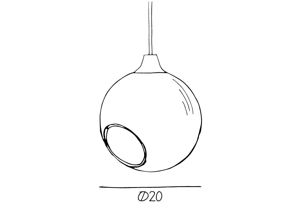 Produktritning. Rund lampa i lila glas med en avskuren bit med guldkant som ger en skymt av glödlampan. Sockel och rosett är guldfärgade och sladden är av svart tyg.
