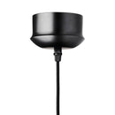 Rund pendellampa i rökfärgat glas med en avskuren bit som ger en skymt av glödlampan. Sockeln är svart och kabeln av svart textil.