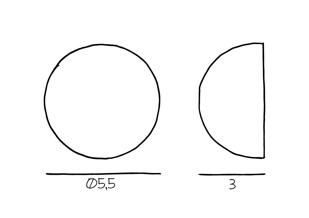 Här ser du produktritningen av knopparna som mäter 5,5 cm i diameter och är 3 cm djupa.