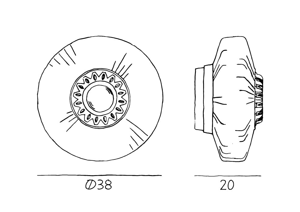 Produktritning av new wave optic wall. Lampan har en diameter på 38 cm och ett djup på 20 cm.