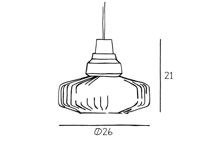 Pendel taklampa från Design by Us i vågigt rökfärgat glas med svart sockel och kabel. Produktritning.