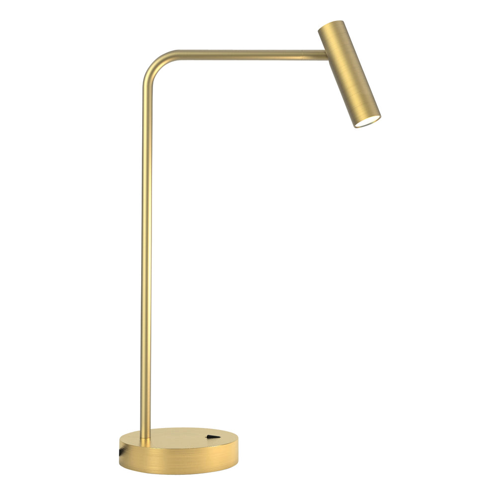 Bordslampa i guldfärgad aluminium med böjd hals, rund fot och ett avlångt, rundat, justerbart huvud.