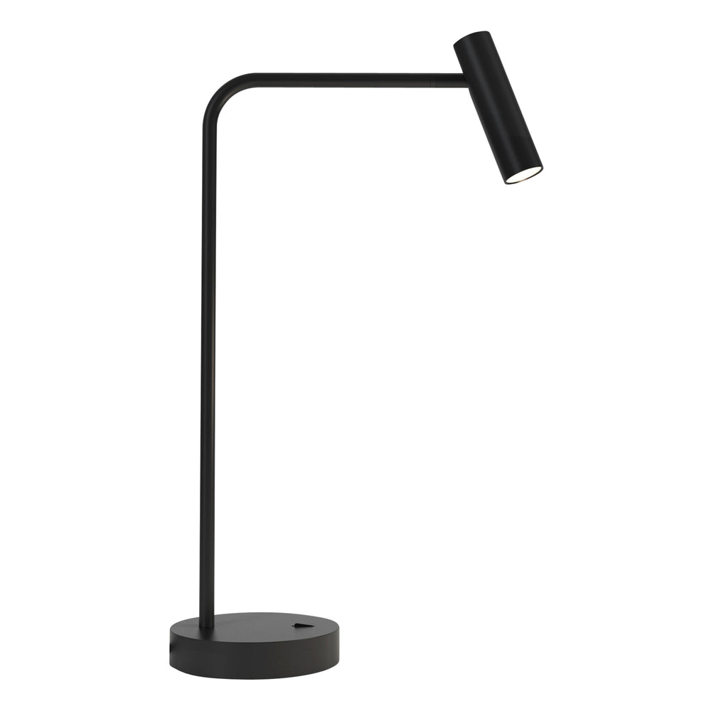 Bordslampa i svart aluminium med böjd hals, rund fot och ett avlångt, rundat, justerbart huvud.