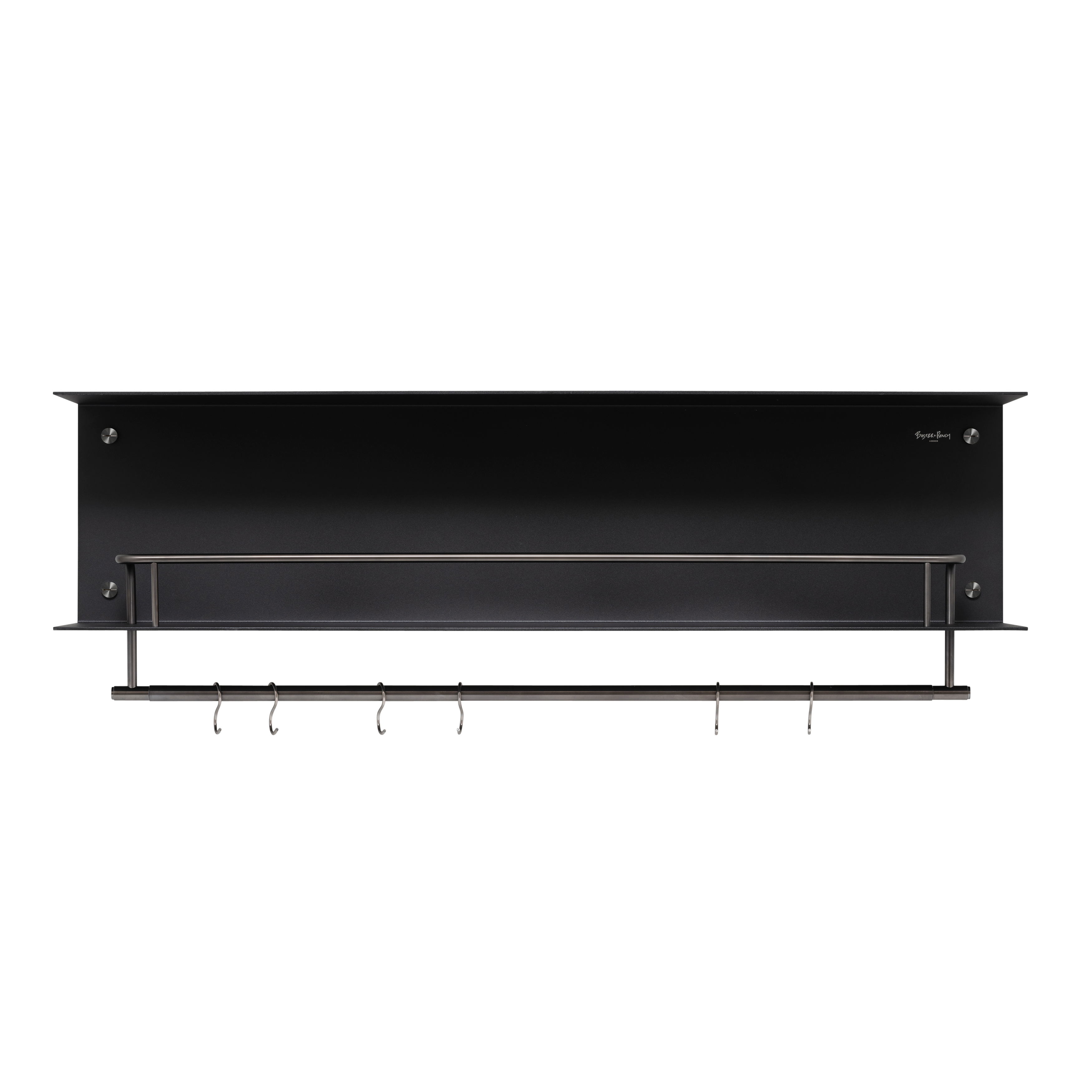 Svart hylla till köket eller badrummet i en rå design med exklusiva detaljer i gun metal.
