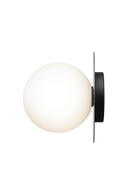 Væg-eller loftlampe med lampeskærm af opalglas og sort fatning, på hvid baggrund
