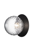 Væg-eller loftlampe med lampeskærm af klart optikglas og sort fatning, på hvid baggrund