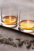 Stålbricka med ett set om två whiskyglas. 